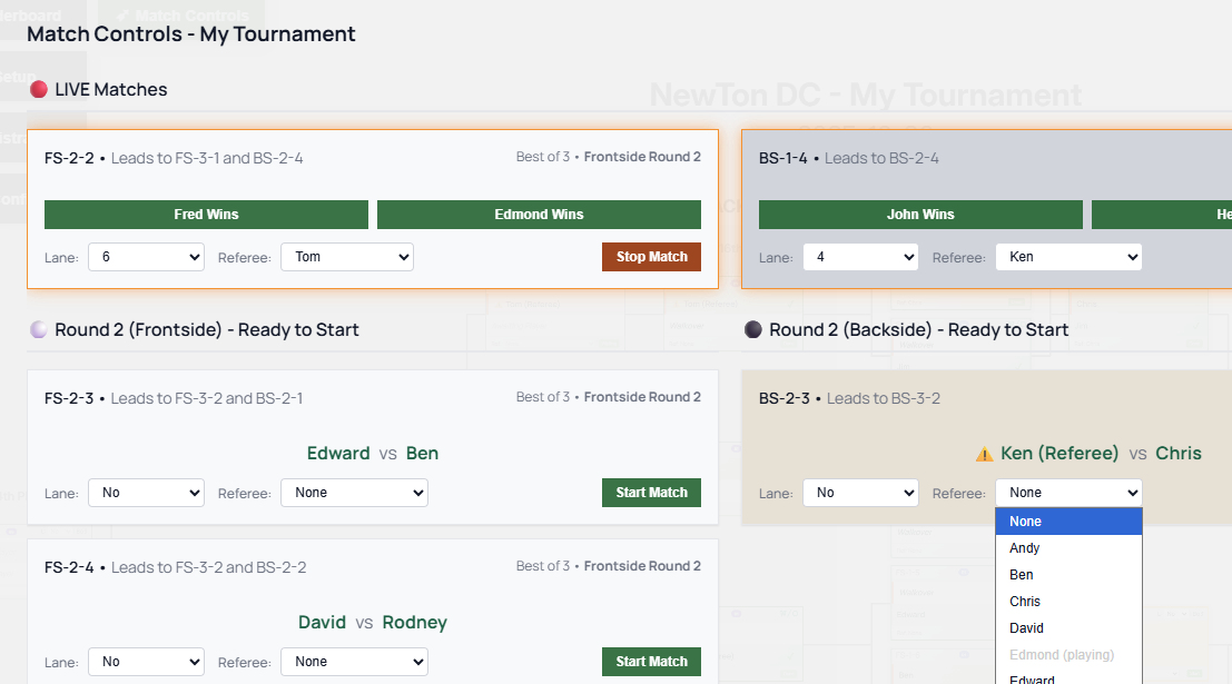 Match controls showing referee suggestions and conflict detection