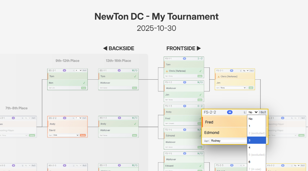 16-player tournament bracket showing Match Card Magic Zoom and status bar
